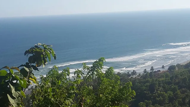 Vegetasi membingkai pemandangan pantai Parangtritis dari bukit pada foto arsip 2017 / Vegetation frames a view of Parangtritis beach from a hill in an archive photograph from 2017