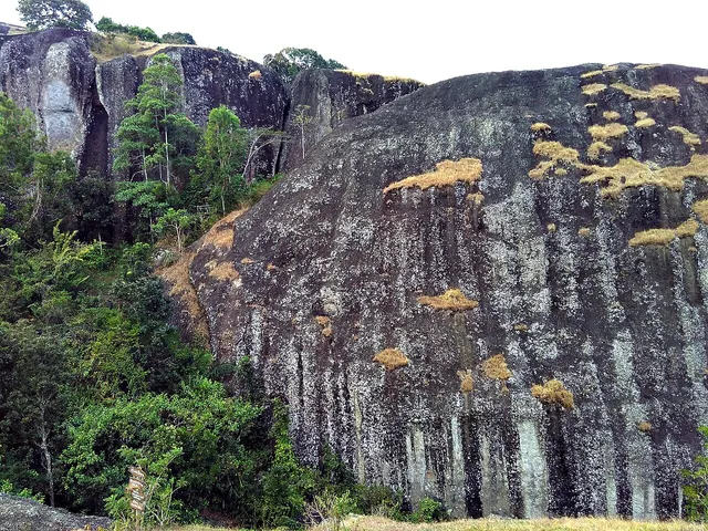Dinding batu vulkanik dan vegetasi di Nglanggeran pada foto arsip 2016 / Volcanic rock walls and vegetation at Nglanggeran in an archive photograph from 2016