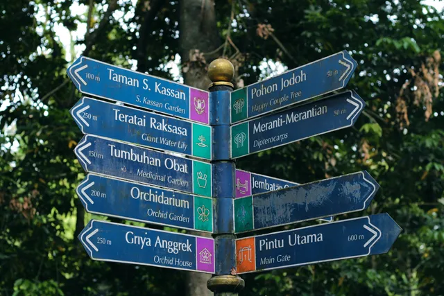 Papan arah menuju berbagai koleksi dan area di Kebun Raya Bogor / Direction signs for collections and areas at Kebun Raya Bogor