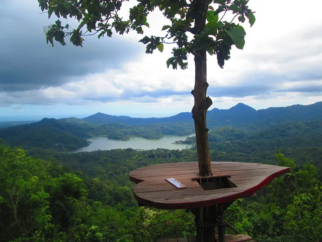 Gardu kayu dan pohon dengan latar perbukitan serta Waduk Sermo di Kalibiru, foto arsip 2017 / Wooden platform and tree overlooking hills and Sermo Reservoir at Kalibiru, archive photograph from 2017